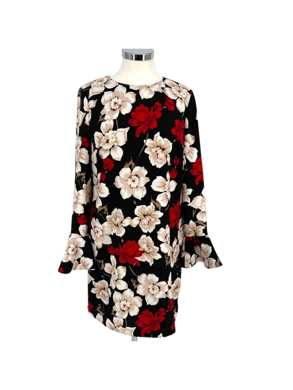 CeCe Dark Floral Shift Dress Bell Cuff Sleeve Mod Black Red White Size 6